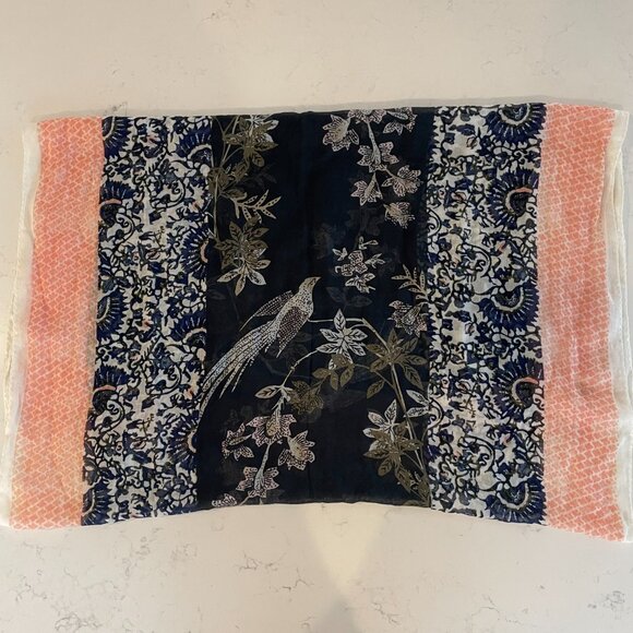 Tory Burch Inspired Lightweight Nature Print Viscose Blend Scarf Navy Peach OS - Picture 8 of 12